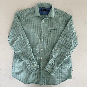 Nautica LS Button Down Cotton Tencel Blend Check Shirt Soft Green Blue Sz L